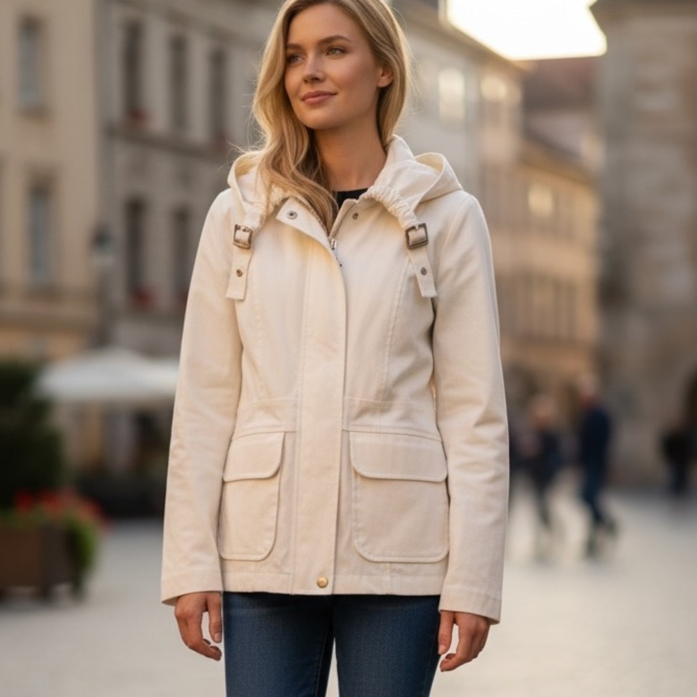 JOSEPH RIBKOFF CREAM TAILORED GOLD BUCKLE DETAIL MOTO UTILITY JACKET SIZE 8